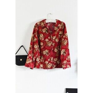Ericka Button Up Shirt Woman's L Vintage Y2k Red Floral Corduroy Fall Cottage